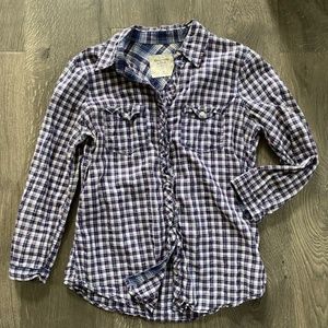 Abercrombie Fitch Blue Red White Plaid 3/4 Sleeve Ruffle Button-up Shirt Top M
